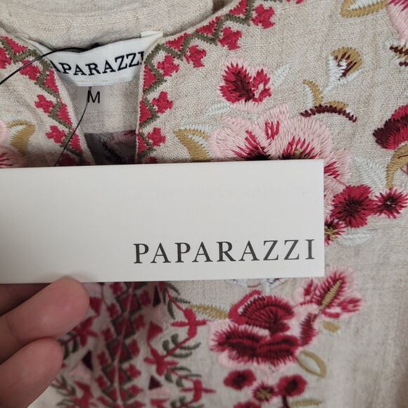 New Paparazzi tan floral embroidered linen sleeveless dress size M boho resort - Picture 4 of 8